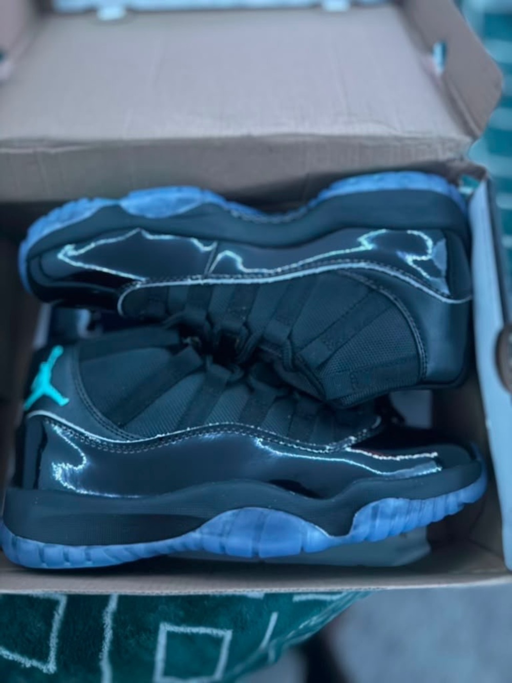 Jordan Black Patent Leather Low with Teal Jumpman and Icy Blue Outsole
